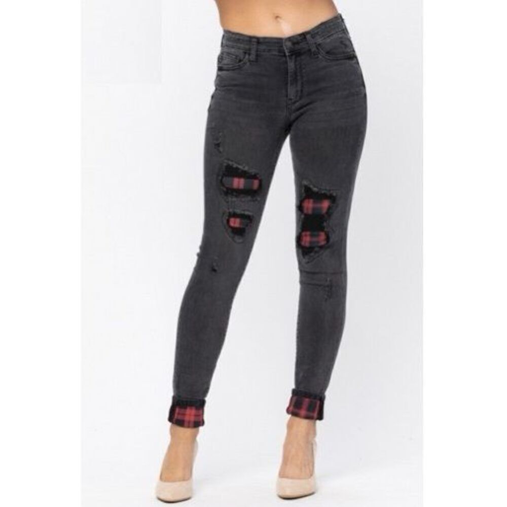Judy Blue Charcoal DESTROYED BUFFALO PLAID SkinnyJeansSize 9/29 Cuffed PeekABoo